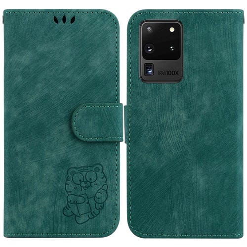 Para Samsung Galaxy S20 Ultra Little Tiger Funda de cuero en relieve para teléfono (verde)