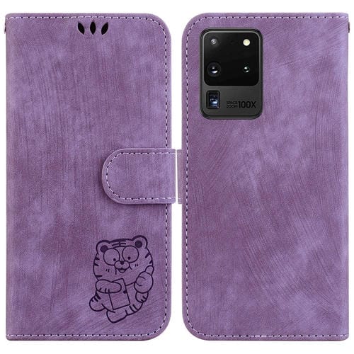 Para Samsung Galaxy S20 Ultra Little Tiger Funda de cuero en relieve para telĂ©fono (pĂșrpura)