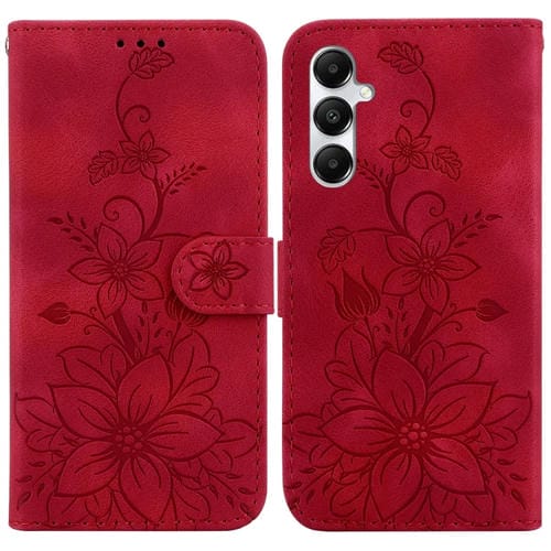 Funda de Cuero para Samsung Galaxy A05S con Relieve Lily (Rojo)