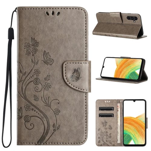 Funda de Cuero para Samsung Galaxy A55 con Tapa y Patrón de Flores de Mariposa (Gris)