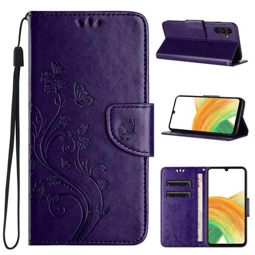 Funda de Cuero para Samsung Galaxy A55 con Tapa y Patrón de Flores de Mariposa (Púrpura Oscuro)