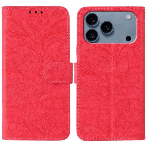 Funda de cuero con tapa y estampado floral de encaje para iPhone 17 Pro (roja)