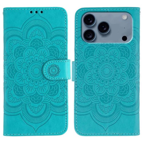 Funda de cuero con estampado de mandala solar para iPhone 17 Pro (azul)