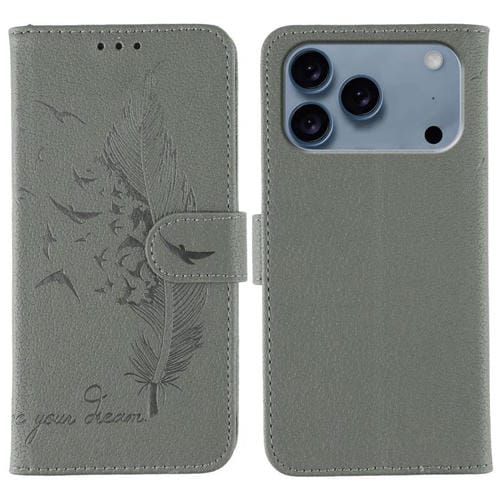 Funda de cuero con textura de lichi y estampado de plumas para iPhone 17 Pro Max (gris)