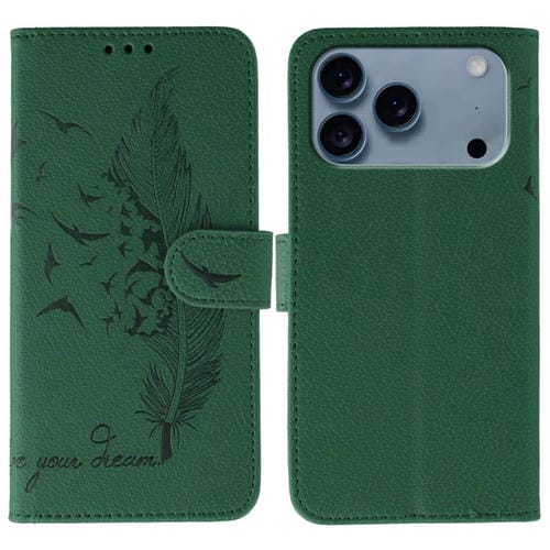 Funda de cuero con textura de lichi y estampado de plumas para iPhone 17 Pro (verde)