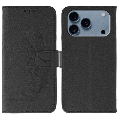 Funda de cuero con textura de lichi y estampado de plumas para iPhone 17 Pro (negra)