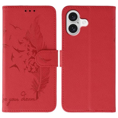 Funda de piel con textura de lichi y estampado de plumas para iPhone 17 (roja)