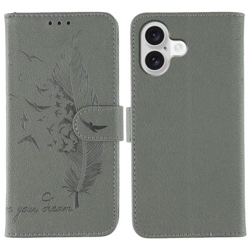 Funda de piel con textura de lichi y diseño de plumas para iPhone 17 (gris)