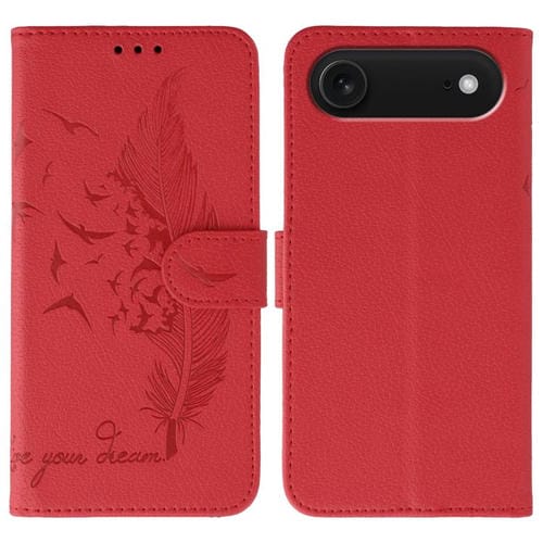 Funda de cuero con textura de lichi y diseño de plumas para iPhone 17 (rojo)