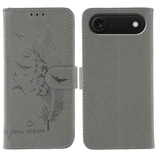Funda de cuero con textura de lichi y diseño de plumas para iPhone 17 (gris)