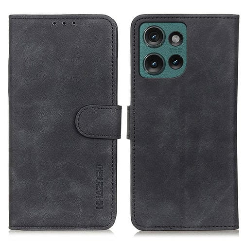 Funda de Cuero Khazneh con Textura Retro para Motorola Edge 50 Neo (Negra)