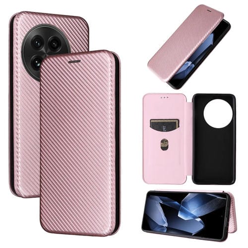 Funda de Cuero con Tapa y Textura de Fibra de Carbono para OnePlus 13 (Rosa)