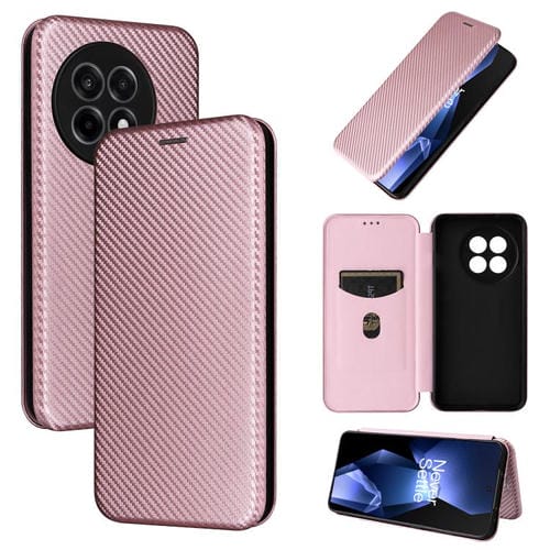 Funda de Cuero con Tapa y Textura de Fibra de Carbono para OnePlus Ace 5 Pro (Rosa)