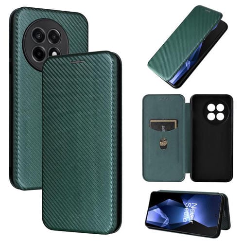 Funda de Cuero con Tapa y Textura de Fibra de Carbono para OnePlus Ace 5 Pro (Verde)