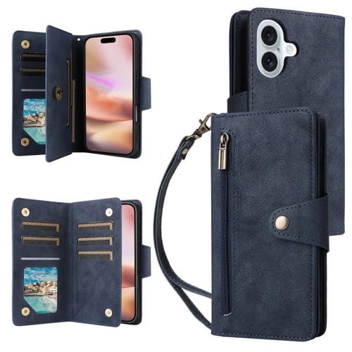 Funda de Cuero para iPhone 16 con Tres Pliegues y Hebilla de Remache (Azul)