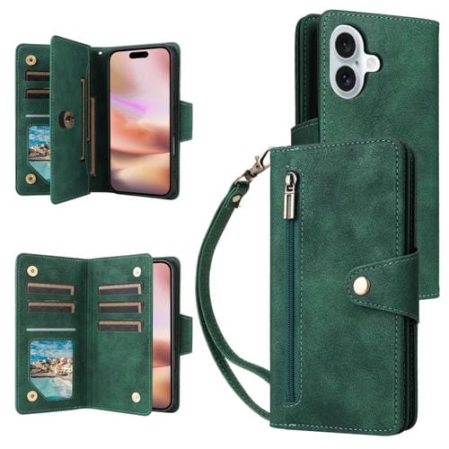 Funda de Cuero iPhone 16 Plus Tres Pliegues Hebilla Remache (Verde)