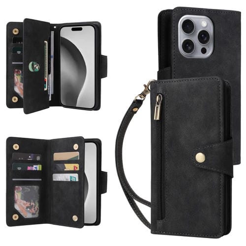Funda de Cuero para iPhone 16 Pro con Tres Pliegues y Hebilla de Remache (Negro)