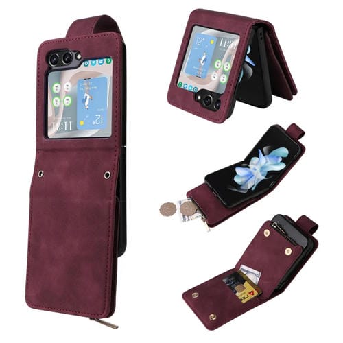 Funda para Samsung Galaxy Z Flip5 5G Crossbody de Cuero con Ranura para Tarjetas y Cremallera (Rojo Vino)