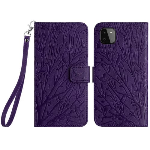Funda para Teléfono Samsung Galaxy A22 5G Cuero Patrón En Relieve Tree Birds (Púrpura)