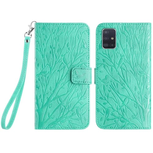 Funda para Teléfono Samsung Galaxy A51 4G Cuero Patrón En Relieve Tree Birds (Verde)