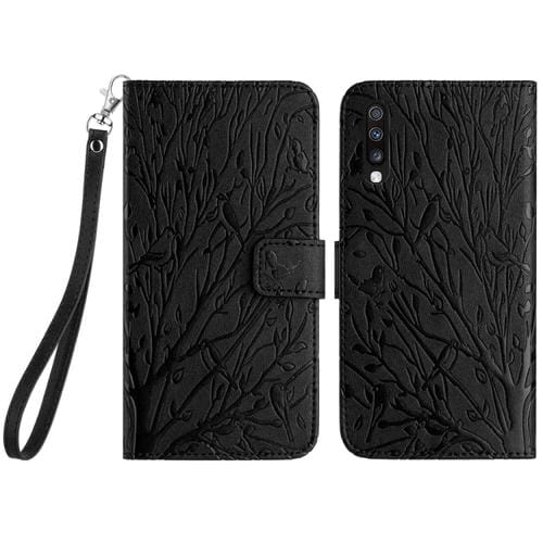 Funda para Teléfono Samsung Galaxy A70 Cuero Patrón En Relieve Tree Birds (Negro)