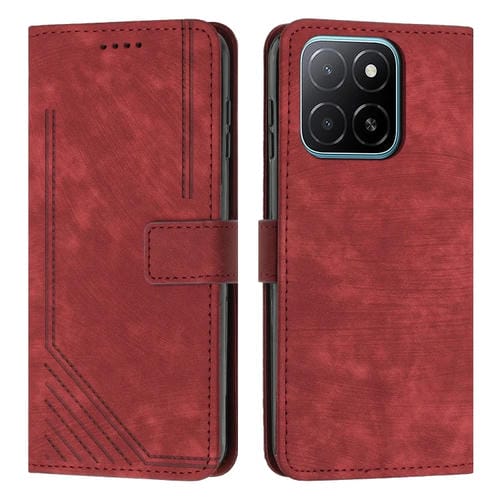 Funda de Cuero para Honor X5B con Estampado de Rayas y Cordón (Rojo)