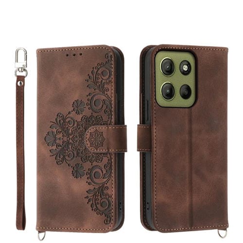 Funda Cuero con Relieve Flores para Motorola Moto G15 (Marrón) Tacto Piel