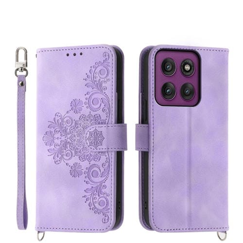 Funda de cuero con relieve de flores para Motorola Edge 60 Pro (morado)