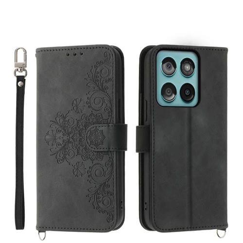 Funda de cuero con relieve floral para Motorola Edge 60 Fusion (negro)
