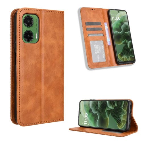 Funda de Cuero Motorola Moto G35 5G con Textura Retro y Hebilla Magnética (Marrón)