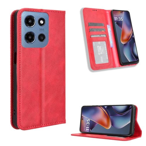 Funda de Cuero Motorola Moto G Play 2025 con Textura Retro y Hebilla Magnética (Roja)