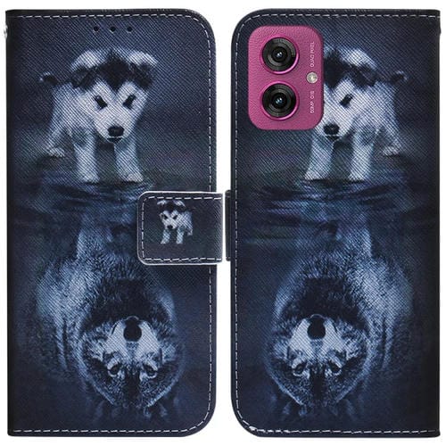 Funda de Cuero con Tapa para Motorola Moto G55 con Dibujo Colorido (Lobo y Perro)