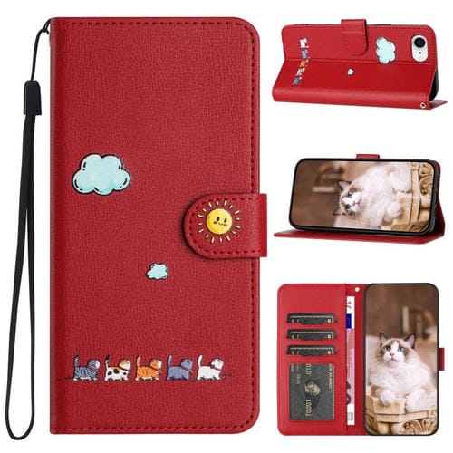 Funda de Piel con Dibujos de Gatos para iPhone 16E (Roja)