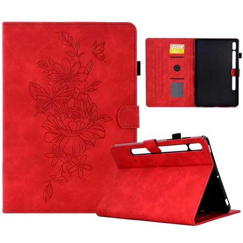 Funda de cuero con relieve de mariposa peonía para Samsung Galaxy Tab S10 FE+ (roja)