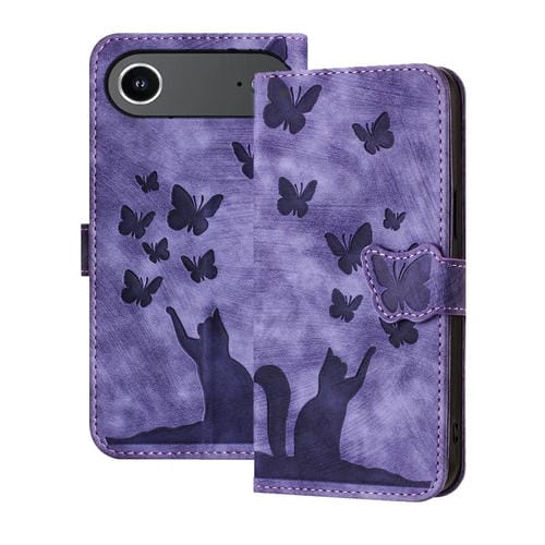 Funda de cuero con tapa y estampado de mariposas y gatos para iPhone 17 Air (morado)