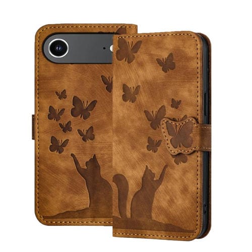 Funda de cuero con tapa y estampado de mariposas y gatos para iPhone 17 Air (marrón)