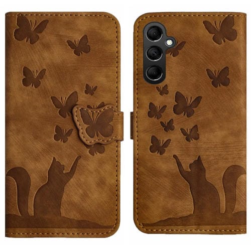 Funda para Teléfono Samsung Galaxy A35 Cuero con Tapa En Relieve Butterfly Cat (Marrón)