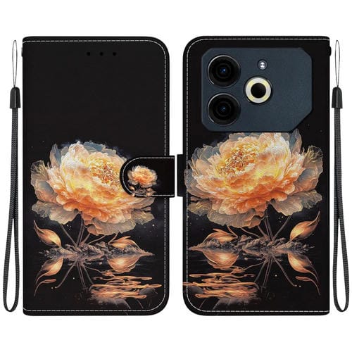 Funda de Cuero para Tecno Pova 6 Neo con Dibujo de Colores y Textura de Cristal (Peonía Dorada)