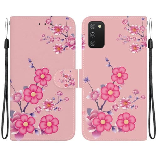 Funda para Samsung Galaxy A02S Versión UE Cuero con Dibujo y Textura de Cristal (Flores de Cerezo)