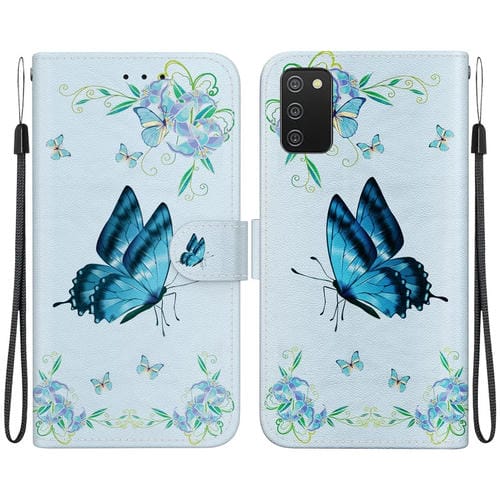 Funda para Samsung Galaxy A02S Versión UE Cuero con Dibujo y Textura de Cristal (Azul)