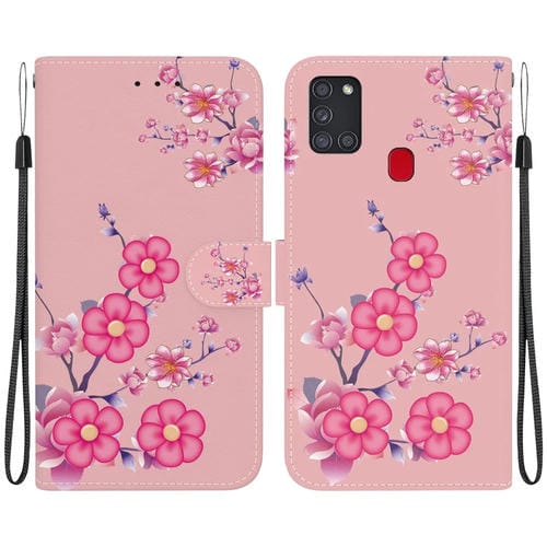 Funda para Teléfono Samsung Galaxy A21S Cuero Dibujo Coloreado Textura de Cristal (Flores de Cerezo)