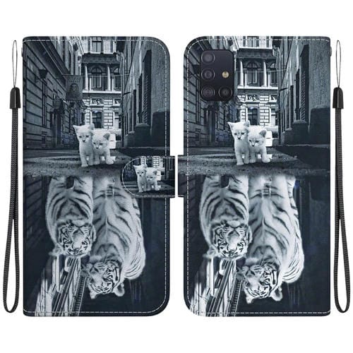 Funda de Cuero para Samsung Galaxy A51 con Dibujo Coloreado y Textura de Cristal (Reflejo de Tigre Gato)