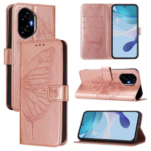 Funda de Cuero para Honor 300 con Mariposa en Relieve (Oro Rosa)