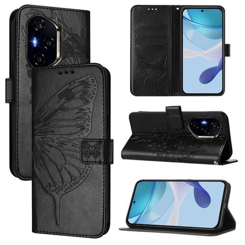 Funda de Cuero para Honor 300 Pro/300 Ultra con Diseño de Mariposa en Relieve (Negra)