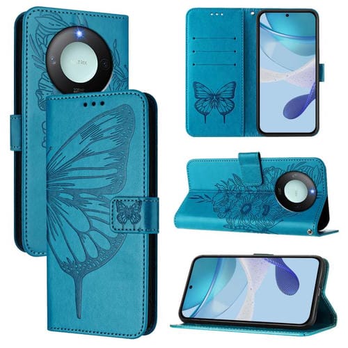 Funda de Cuero con Relieve de Mariposa para Honor X9C Smart Global (Azul)