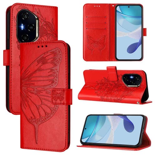 Funda de Cuero para Honor 400 con Diseño de Mariposa en Relieve (Roja)