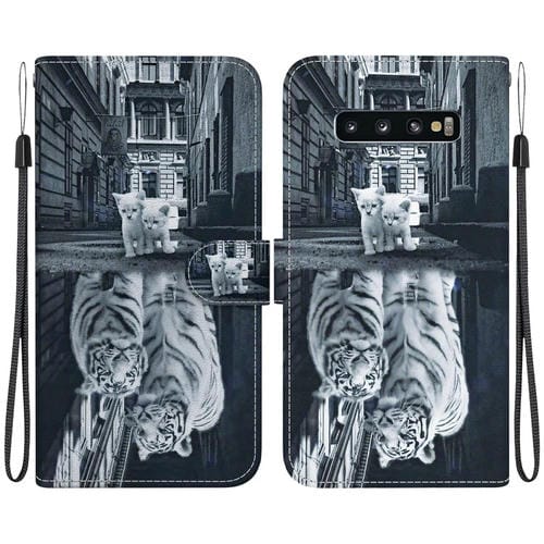 Funda para Samsung Galaxy S10 Cuero Dibujo Coloreado Textura Cristal (Reflejo de Tigre Gato)