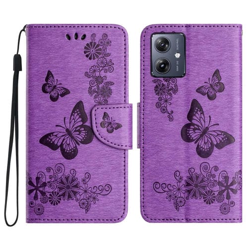 Funda de Cuero con Tapa y Mariposas en Relieve para Motorola Moto G55 (Morado)