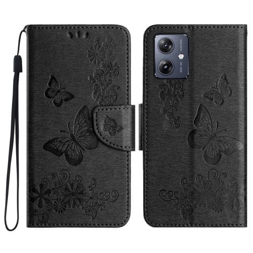 Funda de Cuero con Tapa para Motorola Moto G55 Diseño Mariposas en Relieve (Negra)