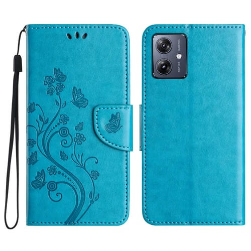 Funda de Cuero con Tapa para Motorola Moto G35 (Azul) Diseño de Flores y Mariposas